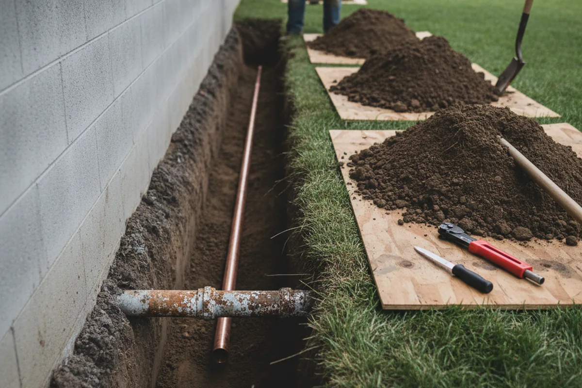 Excavated water line trench during Water Heater Repair in Hartland